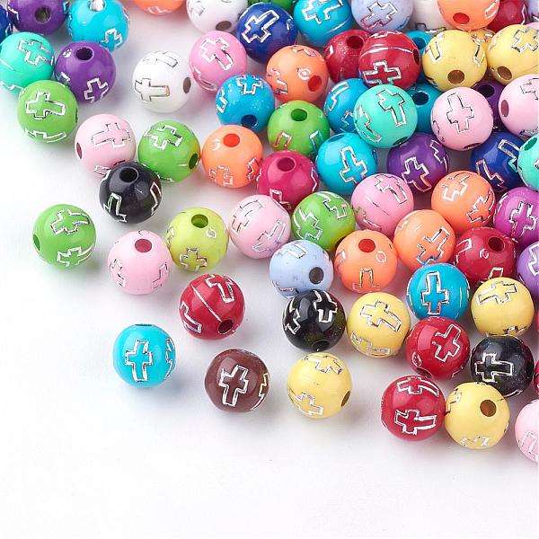 

PandaHall Plating Acrylic Beads, Silver Metal Enlaced, Round with Cross, Mixed Color, 8mm, Hole: 2mm, about 1800pcs/500g Acrylic Round..., Multicolor