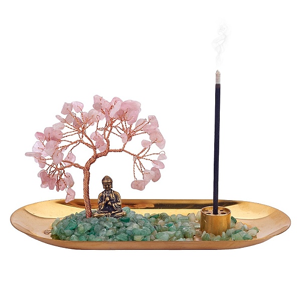 

PandaHall Natural Rose Quartz with Green Aventurine Chips with Brass Incense Burner Holder, with Rose Gold Plated Brass Wires and Buddha...
