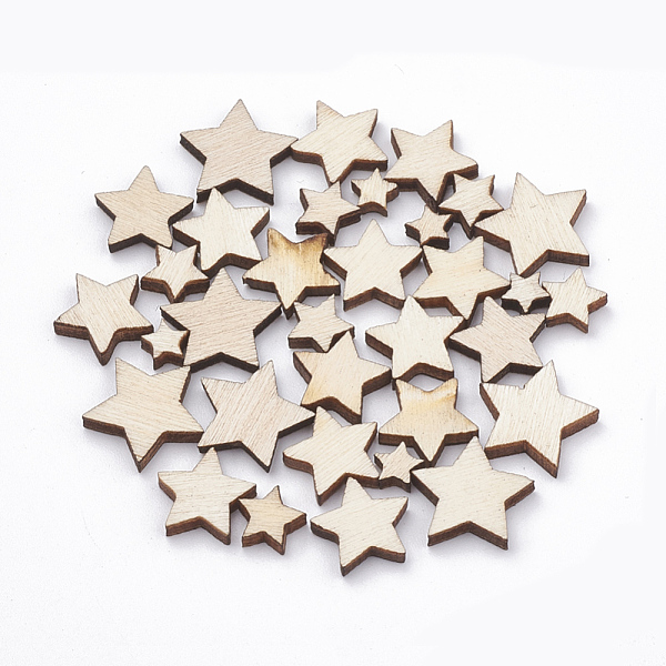 

PandaHall Undyed Natural Wood Beads, No Hole/Undrilled, Star, Blanched Almond, 5~13x5~13x2.5mm Wood Star Orange