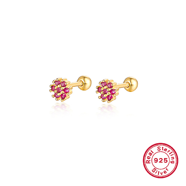 

PandaHall Real 18K Gold Plated 925 Sterling Silver Flower Stud Earrings, with Cubic Zirconia, Deep Pink, 5mm Sterling Silver Flower