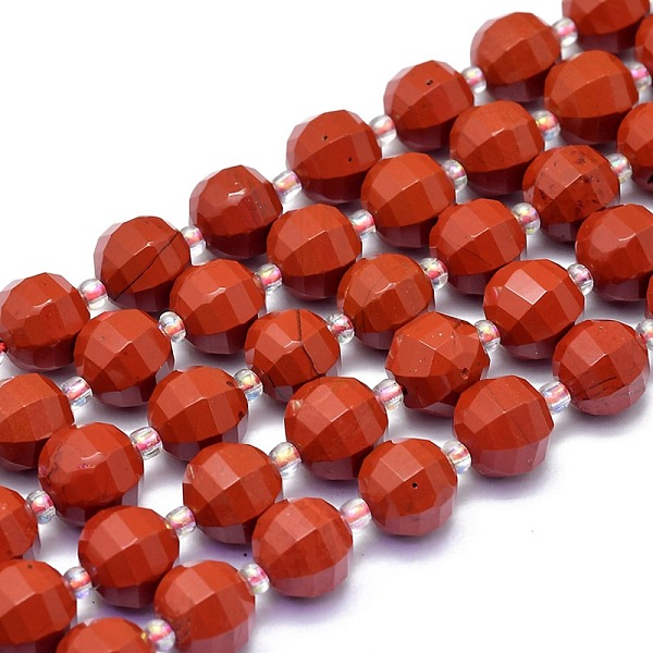 PandaHall Natural Red Jasper Beads Strands, Round, Faceted, 9~10mm, Hole: 1.4mm, about 34pcs/Strand, 15.16 inch(38.5cm) Red Jasper Round