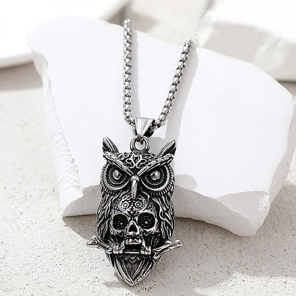 

PandaHall Stainless Steel Pendant Necklaces, Owl with Skull, Antique Silver, 23.62 inch(60cm) Stainless Steel Owl