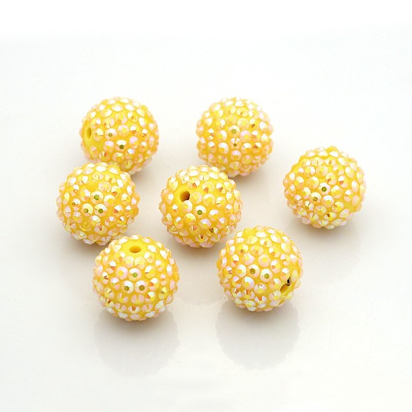 

PandaHall Chunky Resin Rhinestone Bubblegum Ball Beads, AB Color, Round, Gold, 20x18mm, Hole: about 2.5mm Resin+Rhinestone Round Gold