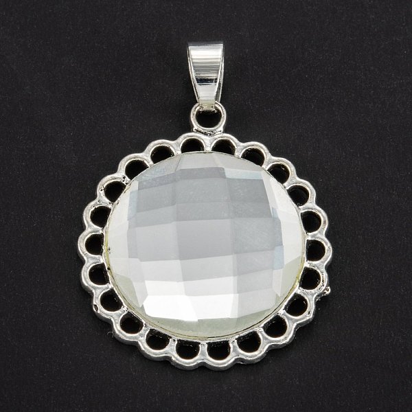

PandaHall Alloy Pendants, with Glass Cabochon, Flat Round, Platinum, 36x26x5mm, Hole: 6.3x4.5mm Alloy+Glass Flat Round Clear