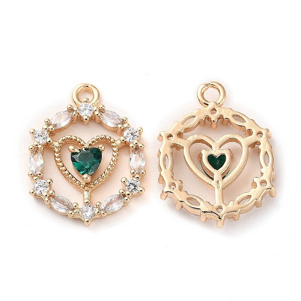 

PandaHall K9 Glass Pendants, with Golden Tone Brass Findings and Rhinestone, Flat Round with Heart Charms, Emerald, 20x15x3.3mm, Hole: 1.8mm..., Green