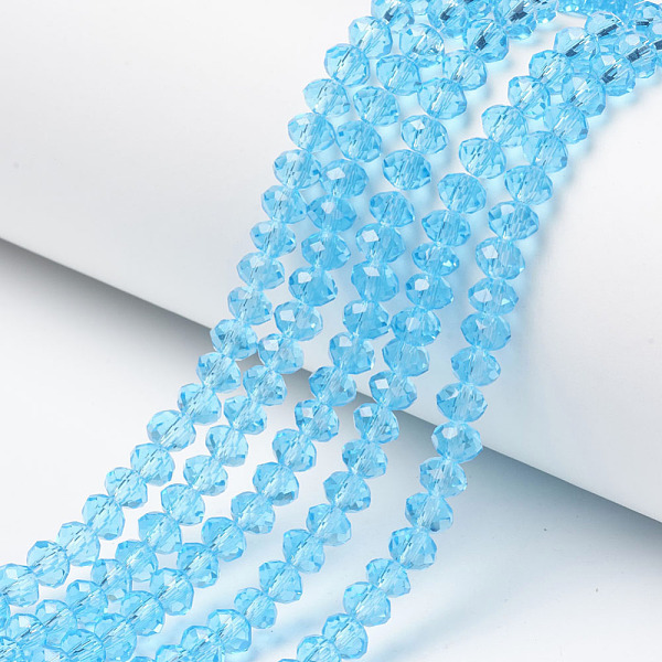 

PandaHall Glass Beads Strands, Faceted, Rondelle, Cyan, 3.5x3mm, Hole: 0.4mm, about 113~115pcs/strand, 32~33cm Glass Rondelle Cyan
