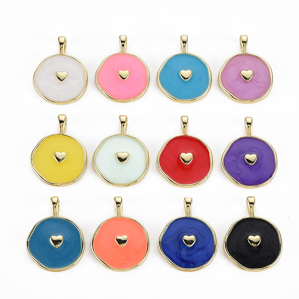 

PandaHall Brass Enamel Pendants, Cadmium Free & Nickel Free & Lead Free, Real 16K Gold Plated, Flat Round with Heart, Mixed Color..., Multicolor