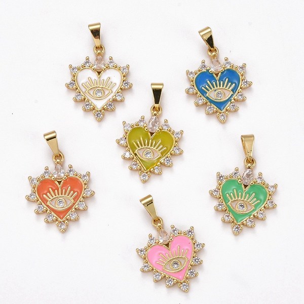 

PandaHall Brass Clear Cubic Zirconia Pendants, with Enamel, Long-Lasting Plated, Real 18K Gold Plated, Heart and Eye, Mixed Color, 23x19x3mm..., Multicolor