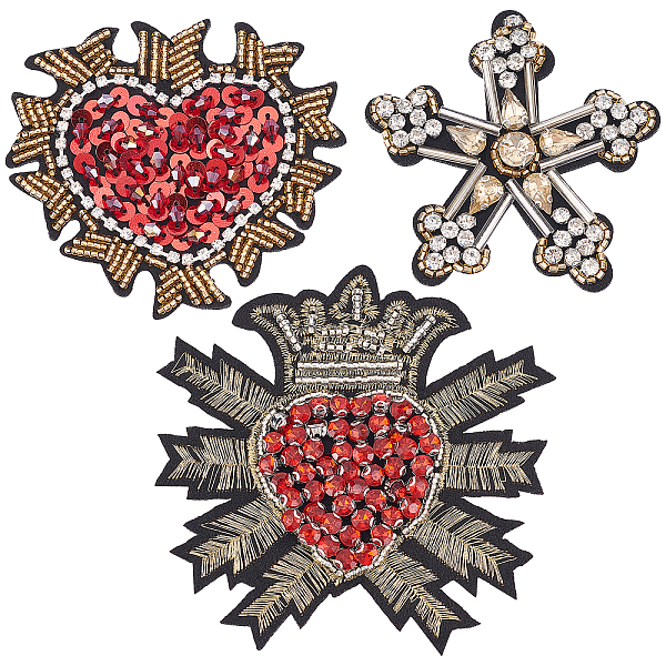 

PandaHall GORGECRAFT 3PCS Sewing Applique Badges Patches Woven Fabric Rhinestone Heart & Star & Heart with Crown Ornament Accessories for..., Multicolor