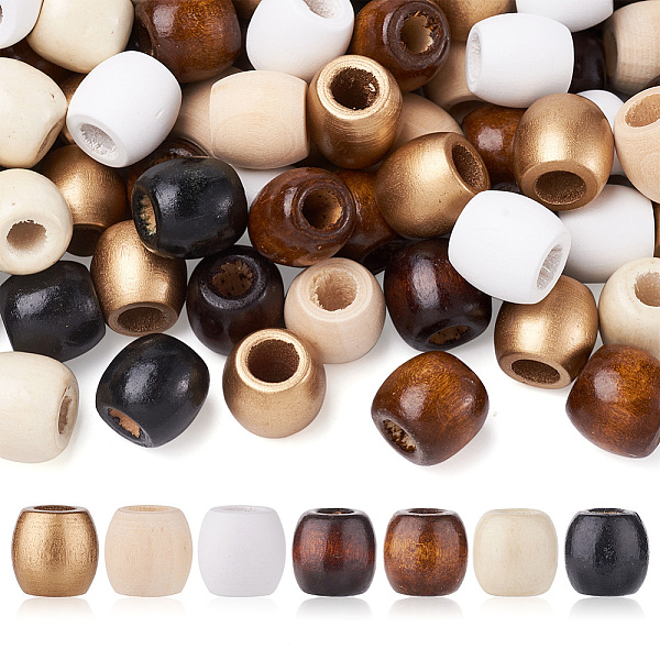 

PandaHall Craftdady 210Pcs 7 Style Unfinished Natural Wood Beads, undyed, Barrel, Mixed Color, 17x16mm, Hole: 8mm Wood Barrel Multicolor