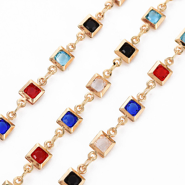 

PandaHall Handmade Brass Beaded Chains, with Cubic Zirconia, Soldered, Spool, Square, Real 18K Gold Plated, Colorful, 3.7x2.5x0.3mm and...