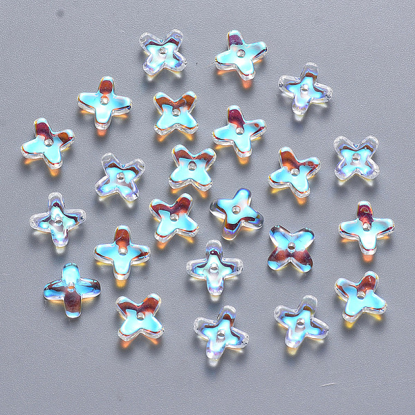 

PandaHall Transparent Spray Painted Glass Beads, AB Color Plated, Clover, Clear AB, 8x8x3mm, Hole: 0.9mm Glass Clover White