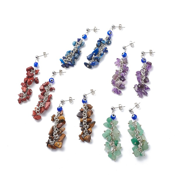 

PandaHall Natural Gemstone Chips & Lampwork Evil Eye Cluster Dangle Stud Earrings, 304 Stainless Steel Long Drop Earrings for Women, 66mm...