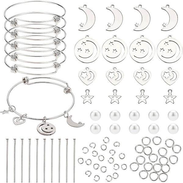 

PandaHall BENECREAT DIY Moon & Star Charm Bangle Making Kit, Include 304 Stainless Steel Pendants & Pins & Jump Rings, 201 Stainless Steel..., White