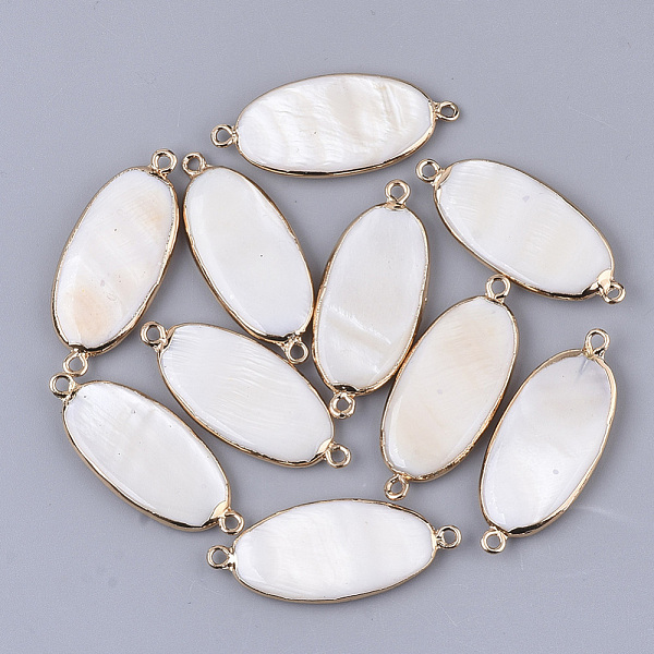 

PandaHall Freshwater Shell Links connectors, with Edge Golden Plated Iron Loops, Oval, Seashell Color, 37~38x16x4mm, Hole: 1.8mm Shell Oval