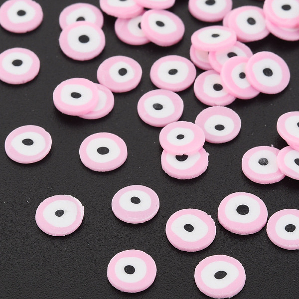 

PandaHall Handmade Polymer Clay Cabochons, Flat Round with Evil Eye, Pink, 5~6x0.5~1mm, about 50000pcs/1000g Polymer Clay Evil Eye Pink