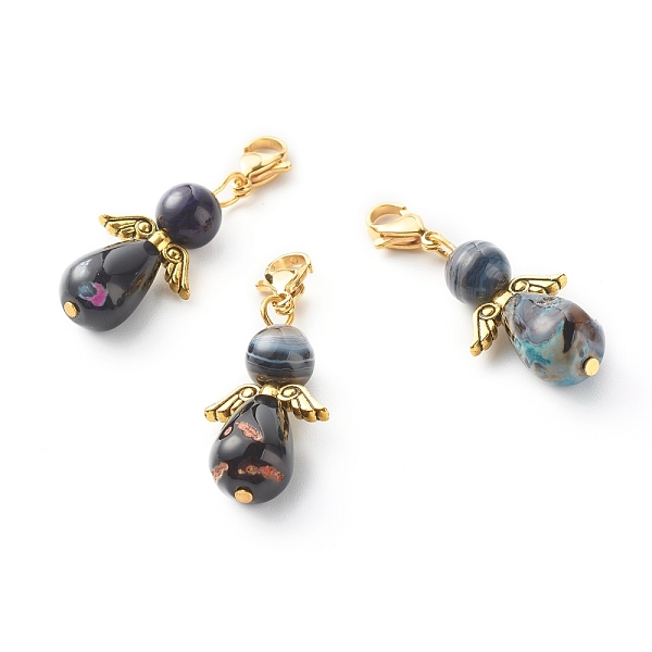 

PandaHall Dyed Natural Fire Crackle Agate & Striped Agate Pendant Decorations, with Alloy Wing Pendants & Swivel Lobster Claw Clasps, Golden..., Black