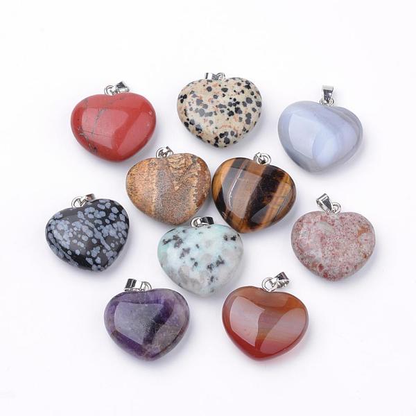 

PandaHall Natural Gemstone Pendants, with Alloy Findings, Heart, Platinum, 27~29x28x11mm, Hole: 3.5x5mm Mixed Stone Heart