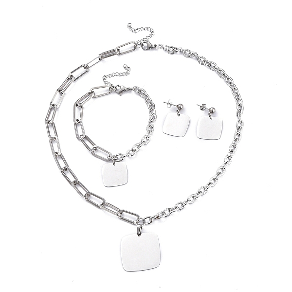 

PandaHall 304 Stainless Steel Paperclip Chains & Cable Chain Jewelry Sets, Dangle Earrings & Pendant Necklaces & Charm Bracelets, Square...