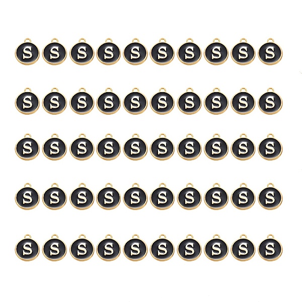 

PandaHall Golden Plated Alloy Charms, with Enamel, Enamelled Sequins, Flat Round, Black, Letter.S, 14x12x2mm, Hole: 1.5mm, 50pcs/Box...