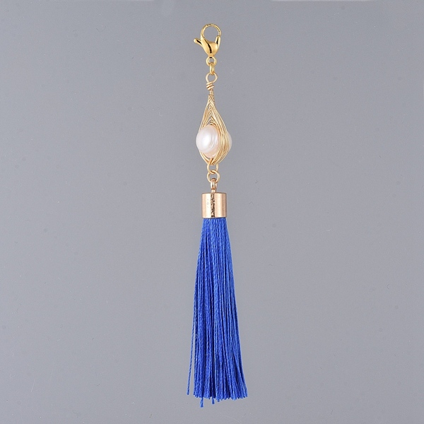 

PandaHall Polyester Tassel Big Pendants, with Natural Cultured Freshwater Pearl and 304 Stainless Steel Lobster Claw Clasps, Golden, Blue...