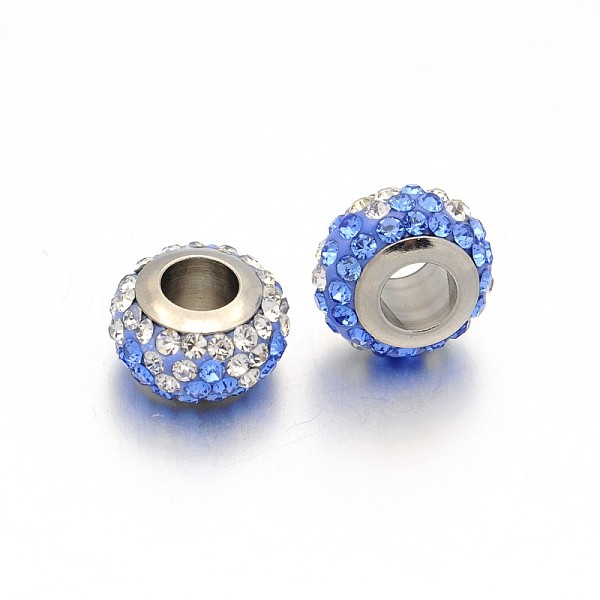 

PandaHall Nice Large Hole Rondelle 304 Stainless Steel Polymer Clay Pave Two Tone Rhinestone European Beads, Stainless Steel Color, Light..., Blue