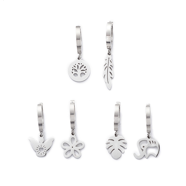 

PandaHall 3 Pair 3 Style Leaf & Flower & Butterfly & Tree & Elephant Asymmetrical Earrings, 304 Stainless Steel Dangle Hoop Earrings for...