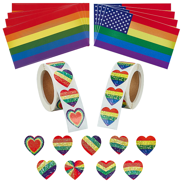 PandaHall SUPERFINDINGS 2 Roll 2 Style Rainbow Heart Stickers Roll and 8 Sheets 2 Style Rainbow PVC Sticker LGBT Stripes Flag Sticker for...