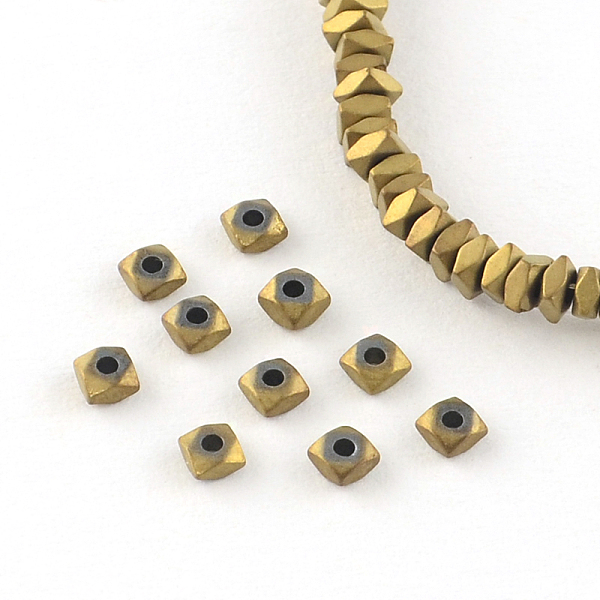 PandaHall Square Electroplated Non-magnetic Synthetic Hematite Bead Spacers, Golden Plated, 3x3x2mm, Hole: 0.5mm, about 200pcs/strand, 15.7...