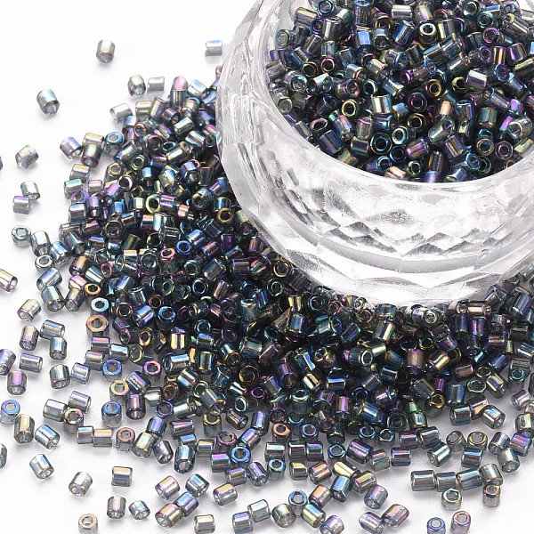 

PandaHall Glass Bugle Beads, Transparent Colours Rainbow, Slate Gray, 2.5~3x2mm, Hole: 0.9mm, about 15000pcs/pound Glass
