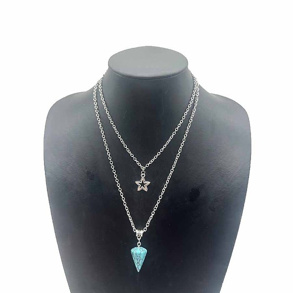 

PandaHall Star Pendant Necklaces, Natural Picture Jasper Hexagonal Cone Necklace, Double Layer Necklaces Picture Jasper