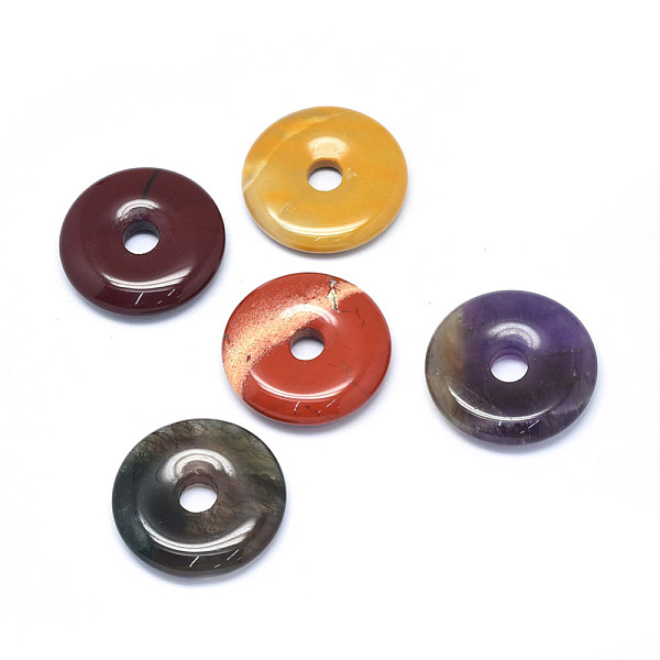 

PandaHall Natural Mixed Stone Pendants, Donut/Pi Disc, Donut Width: 12mm, 30x5~7mm, Hole: 6mm Mixed Stone Donut