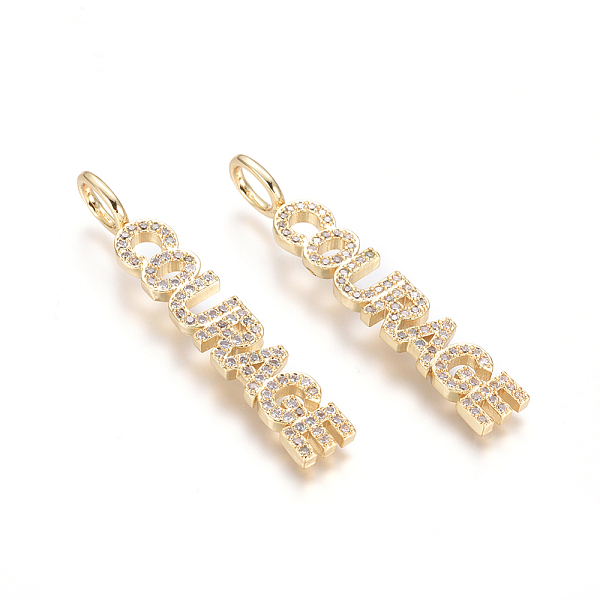 

PandaHall Brass Micro Pave Clear Cubic Zirconia Pendants, Word Courage, Golden, 40x6.5x2.5mm, Hole: 3.5x5.5mm Brass+Cubic Zirconia Word...