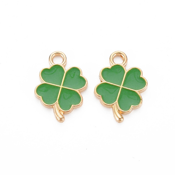 

PandaHall Alloy Enamel Pendants, Clover, Light Gold, Medium Sea Green, 18x12x2mm, Hole: 2mm Alloy+Enamel Clover