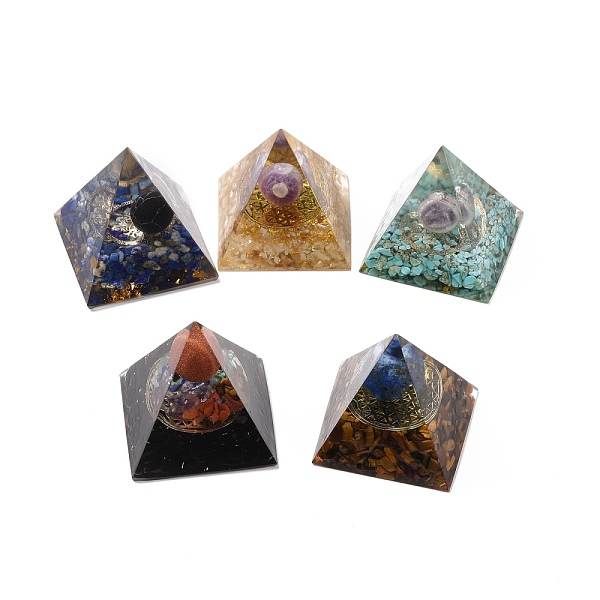 PandaHall Orgonite Pyramid, Resin Pointed Home Display Decorations, with Natural Gemstone and Metal Findings, 52x50x49mm Mixed Stone Pyramid...