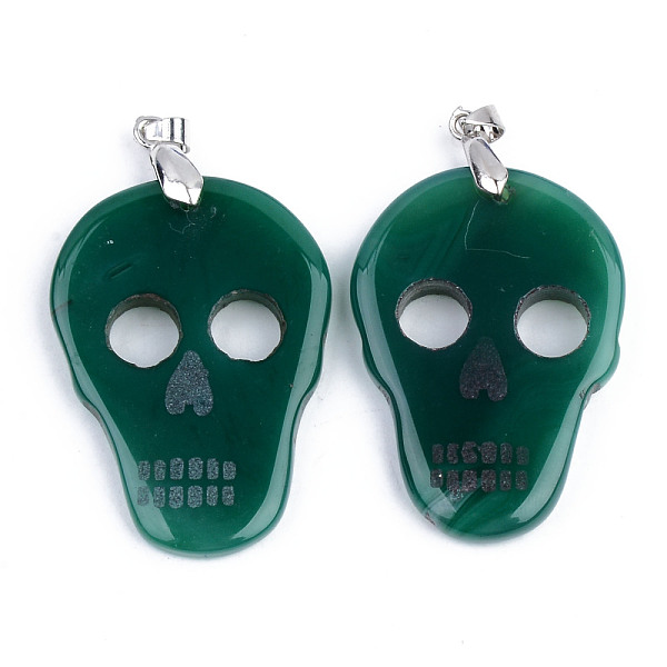 

PandaHall Halloween Themed Natural Agate Big Pendants, with Platinum Plated Brass Pinch Bail, Dyed, Skull, Dark Green, 50~53x35~36x5~6mm...