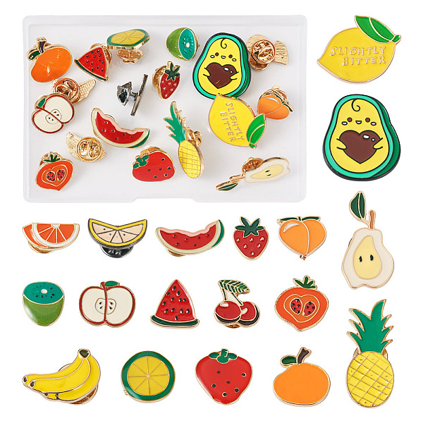 PandaHall Yilisi 17pcs 17 style Strawberry & Lemon & Banana & Avocado Enamel Pin, Fruit Alloy Badges for Backpack Clothes, Light Gold...