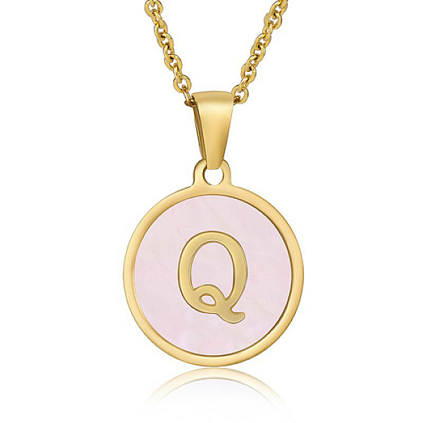 

PandaHall Natural Shell Initial Letter Pendant Necklace, with Golden Stainless Steel Cable Chains, Letter Q, 17.72 inch(45cm) Shell Letter Q..., Pink