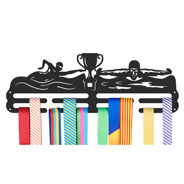

PandaHall Sports Theme Iron Medal Hanger Holder Display Wall Rack, with Screws, Swimming Pattern, 150x400mm Iron Sports Black