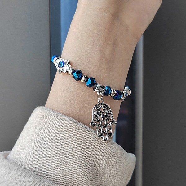 

PandaHall Alloy Turkiye Hamsa Hand Pendant Bracelets, Blue Evil Eye Beaded Jewelry for Women Alloy Hamsa Hand