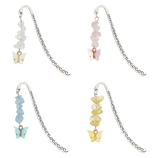 4Pcs 4 Style Butterfly Resin Charm Bookmarks With Natural Gemstone & Lampwork Beads