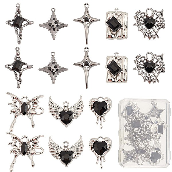

PandaHall SUNNYCLUE 16Pcs 8 Style Rack Plating Alloy Glass Pendants, Cadmium Free & Lead Free & Nickle Free, Star & Spider Web & Heart &..., Black