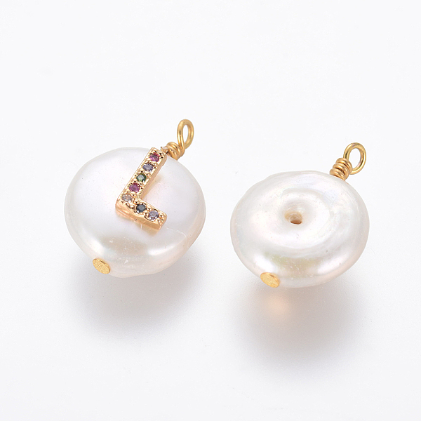 

PandaHall Natural Cultured Freshwater Pearl Pendants, with Brass Micro Pave Cubic Zirconia Findings, Flat Round with Letter, Colorful...