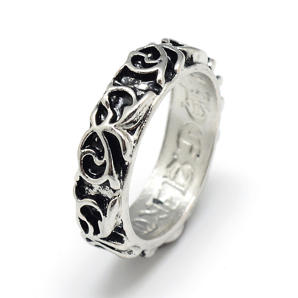 PandaHall Alloy Finger Rings, Wide Band Rings, Chunky Rings, Ring with Flower, Size 10, Antique Silver, 20mm Alloy