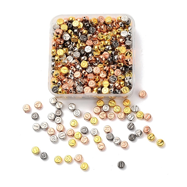 

PandaHall 500Pcs 4 Colors CCB Plastic Beads, Horizontal Hole, Flat Round with Letter A~Z, Mixed Color, 7x4mm, Hole: 1.4mm Plastic Flat Round
