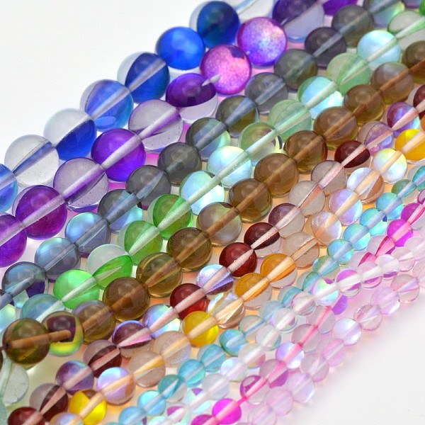 

PandaHall Round Synthetic Moonstone Beads Strands, Holographic Beads, Dyed, Mixed Color, 6mm, Hole: 1mm, about 60~62pcs/strand, 14~15 inch..., Multicolor