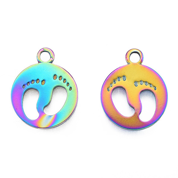 

PandaHall Ion Plating(IP) 201 Stainless Steel Pendants, Flat Round with Footprints, Rainbow Color, 18.5x15x1.5mm, Hole: 1.8mm 201 Stainless...