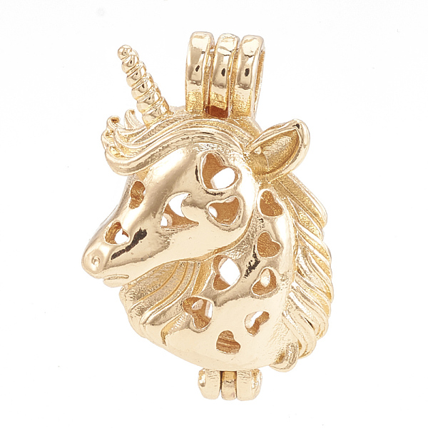 

PandaHall Alloy Bead Cage Pendants, Hollow, Unicorn, Golden, 27.5x19x11mm, Hole: 4.5x3mm, Inner Measure: 16.5x9mm Alloy Unicorn