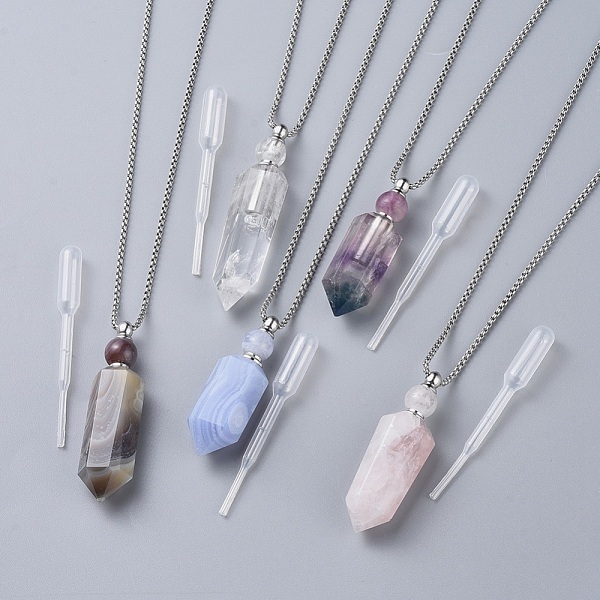 PandaHall Natural Gemstone Perfume Bottle Pendant Necklaces, with Stainless Steel Box Chain and Plastic Dropper, Hexagonal Prism, Stainless...
