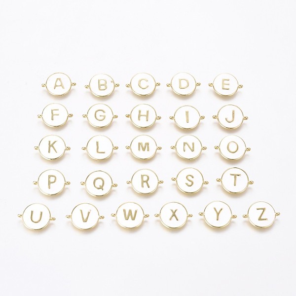 

PandaHall Golden Plated Brass Links, with White Enamel, Flat Round with Letter, Mixed, 13x17.5x1.5mm, Hole: 1.2mm Brass+Enamel Letter White